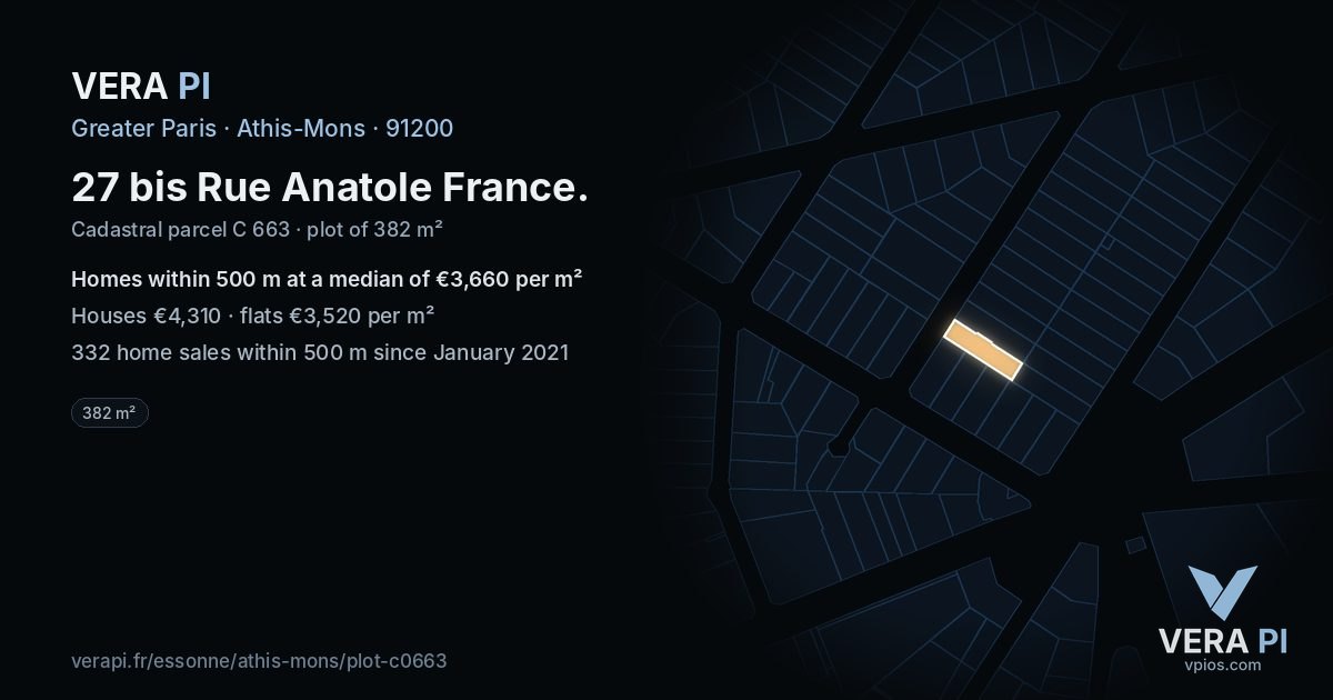 27 bis Rue Anatole France, Athis-Mons at night – the plot lit, the parcels around coloured by the prices near them