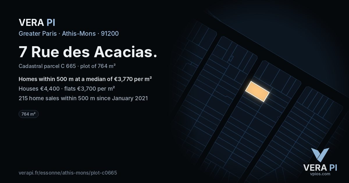 7 Rue des Acacias, Athis-Mons at night – the plot lit, the parcels around coloured by the prices near them
