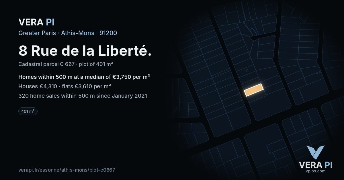 8 Rue de la Liberté, Athis-Mons at night – the plot lit, the parcels around coloured by the prices near them