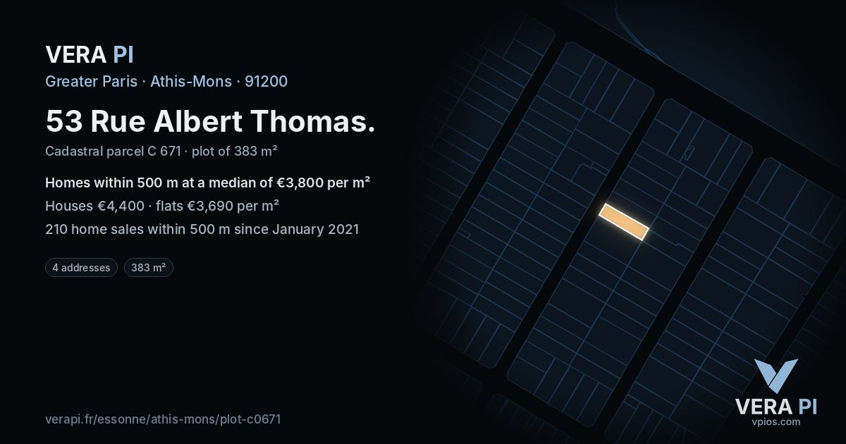 53 Rue Albert Thomas, Athis-Mons at night – the plot lit, the parcels around coloured by the prices near them
