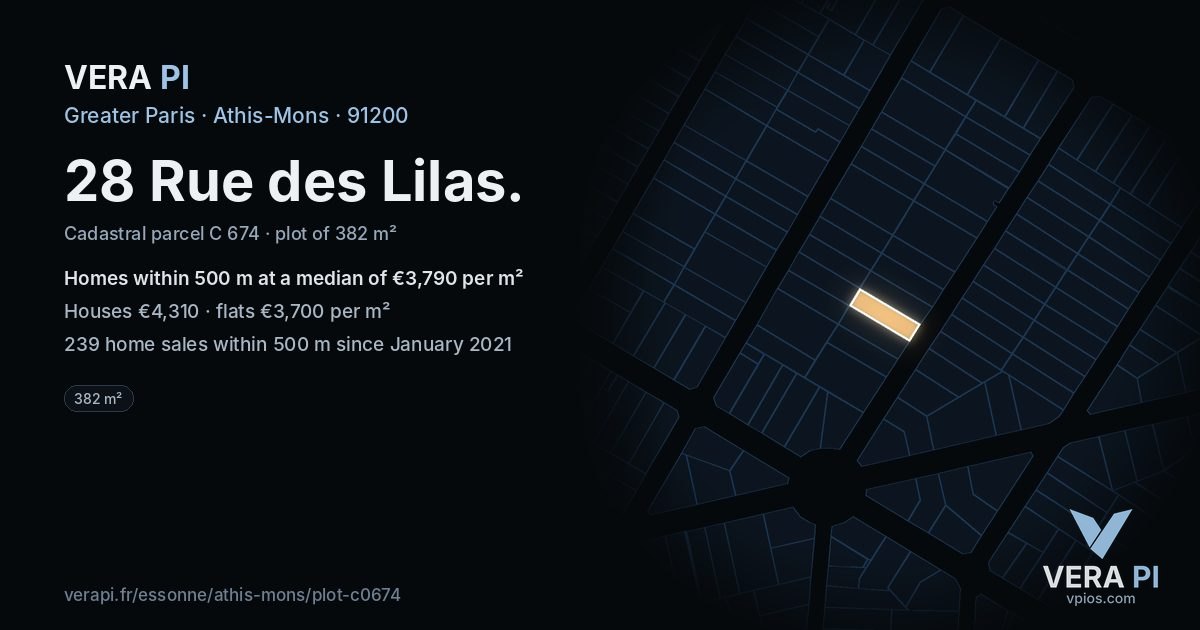 28 Rue des Lilas, Athis-Mons at night – the plot lit, the parcels around coloured by the prices near them