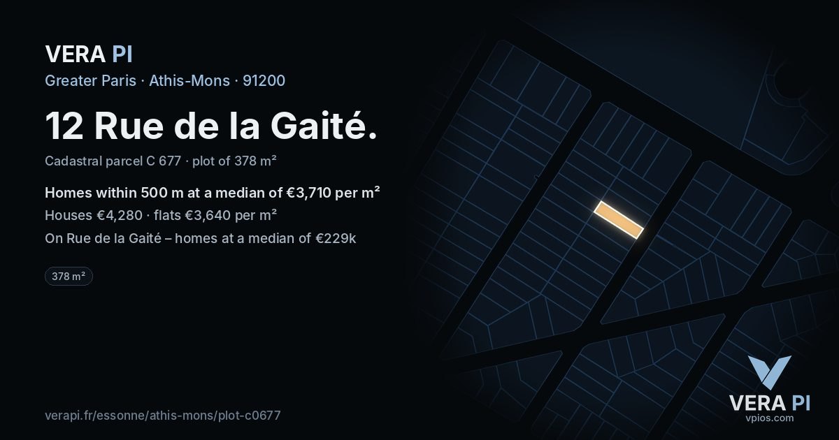 12 Rue de la Gaité, Athis-Mons at night – the plot lit, the parcels around coloured by the prices near them