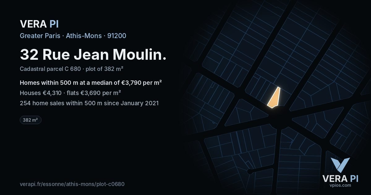 32 Rue Jean Moulin, Athis-Mons at night – the plot lit, the parcels around coloured by the prices near them