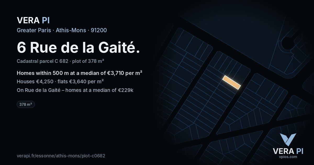 6 Rue de la Gaité, Athis-Mons at night – the plot lit, the parcels around coloured by the prices near them