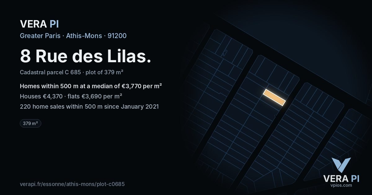 8 Rue des Lilas, Athis-Mons at night – the plot lit, the parcels around coloured by the prices near them