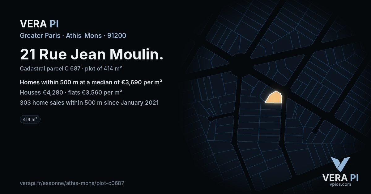 21 Rue Jean Moulin, Athis-Mons at night – the plot lit, the parcels around coloured by the prices near them