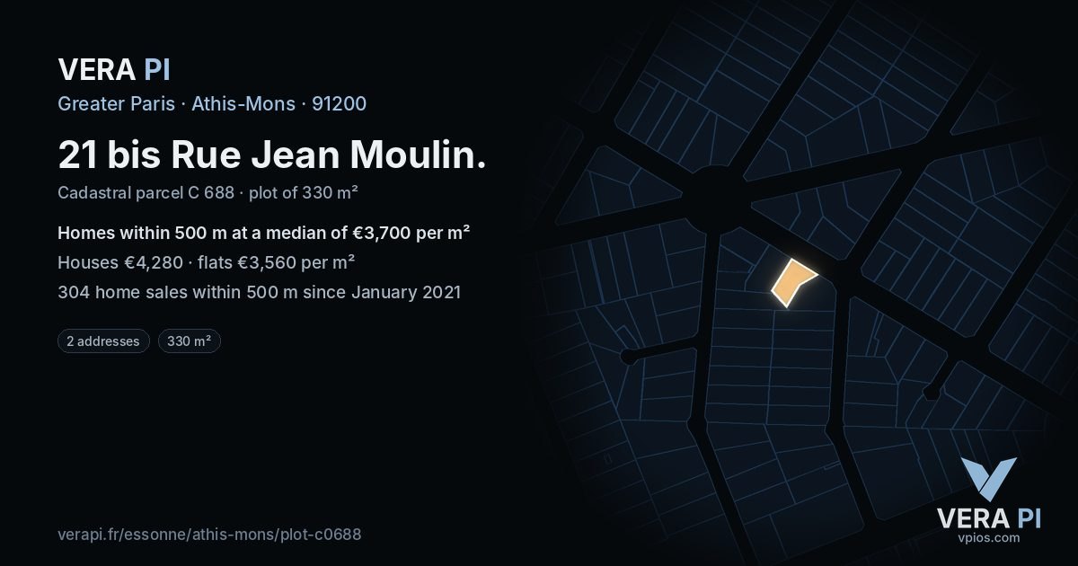 21 bis Rue Jean Moulin, Athis-Mons at night – the plot lit, the parcels around coloured by the prices near them