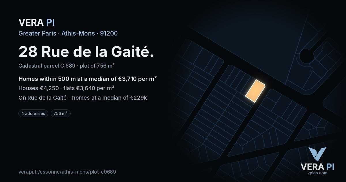 28 Rue de la Gaité, Athis-Mons at night – the plot lit, the parcels around coloured by the prices near them