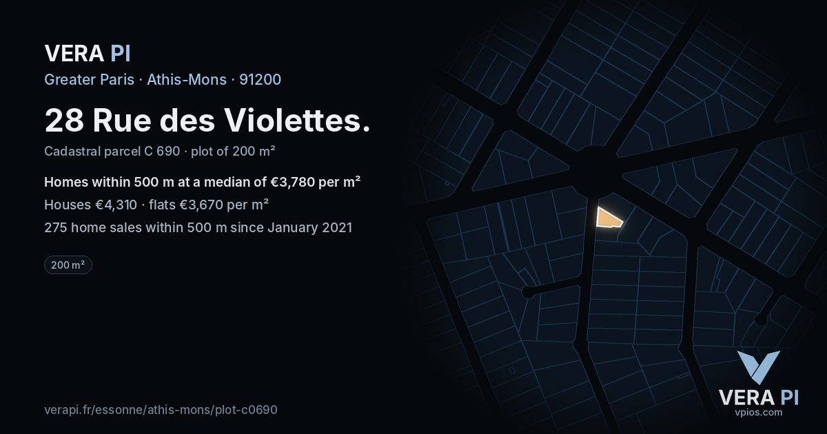 28 Rue des Violettes, Athis-Mons at night – the plot lit, the parcels around coloured by the prices near them