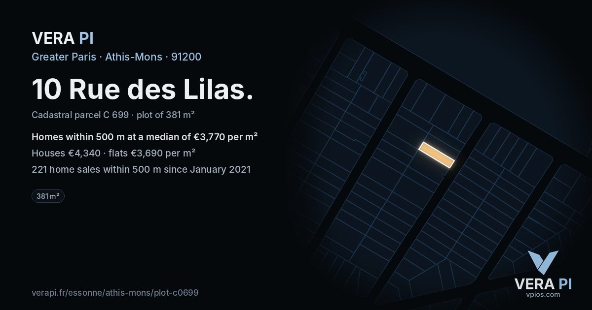 10 Rue des Lilas, Athis-Mons at night – the plot lit, the parcels around coloured by the prices near them