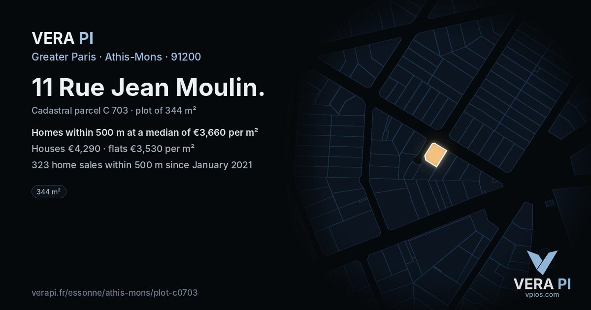 11 Rue Jean Moulin, Athis-Mons at night – the plot lit, the parcels around coloured by the prices near them