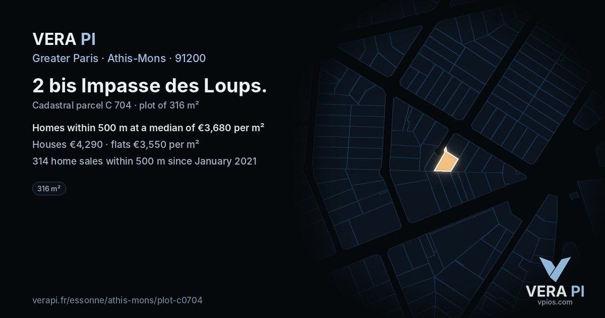 2 bis Impasse des Loups, Athis-Mons at night – the plot lit, the parcels around coloured by the prices near them