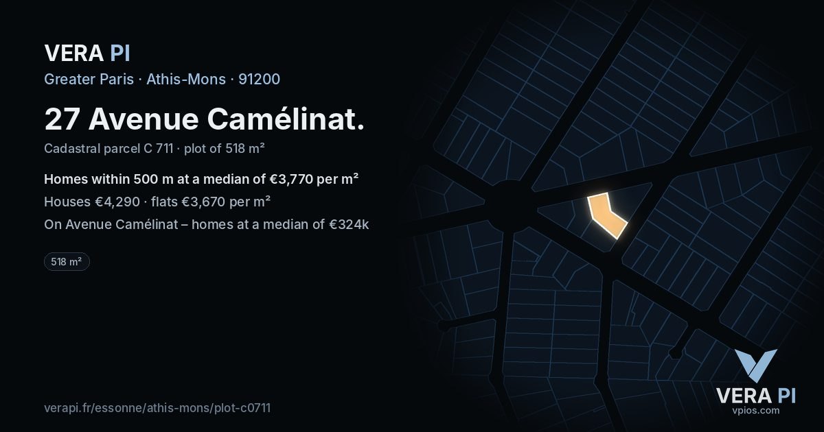 27 Avenue Camélinat, Athis-Mons at night – the plot lit, the parcels around coloured by the prices near them