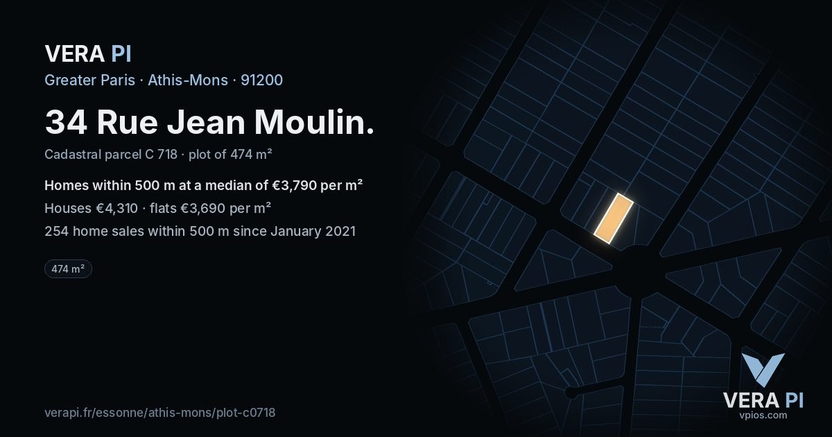 34 Rue Jean Moulin, Athis-Mons at night – the plot lit, the parcels around coloured by the prices near them