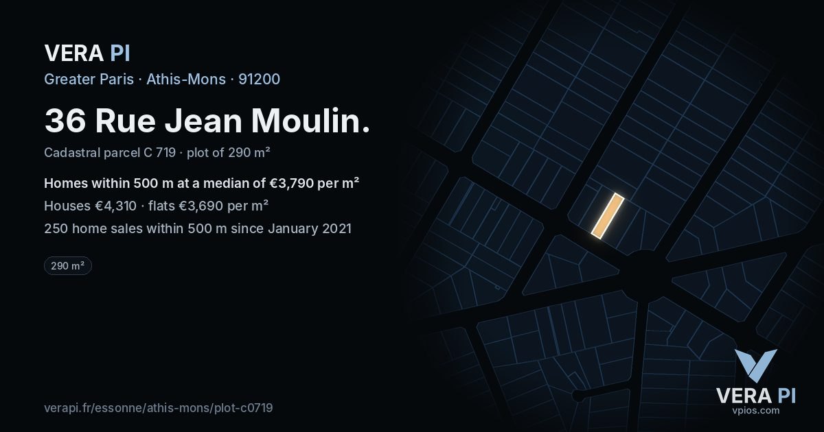 36 Rue Jean Moulin, Athis-Mons at night – the plot lit, the parcels around coloured by the prices near them