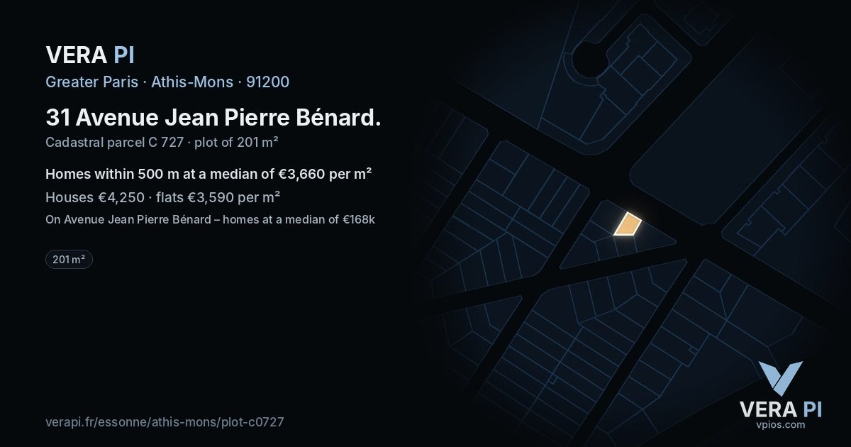 31 Avenue Jean Pierre Bénard, Athis-Mons at night – the plot lit, the parcels around coloured by the prices near them