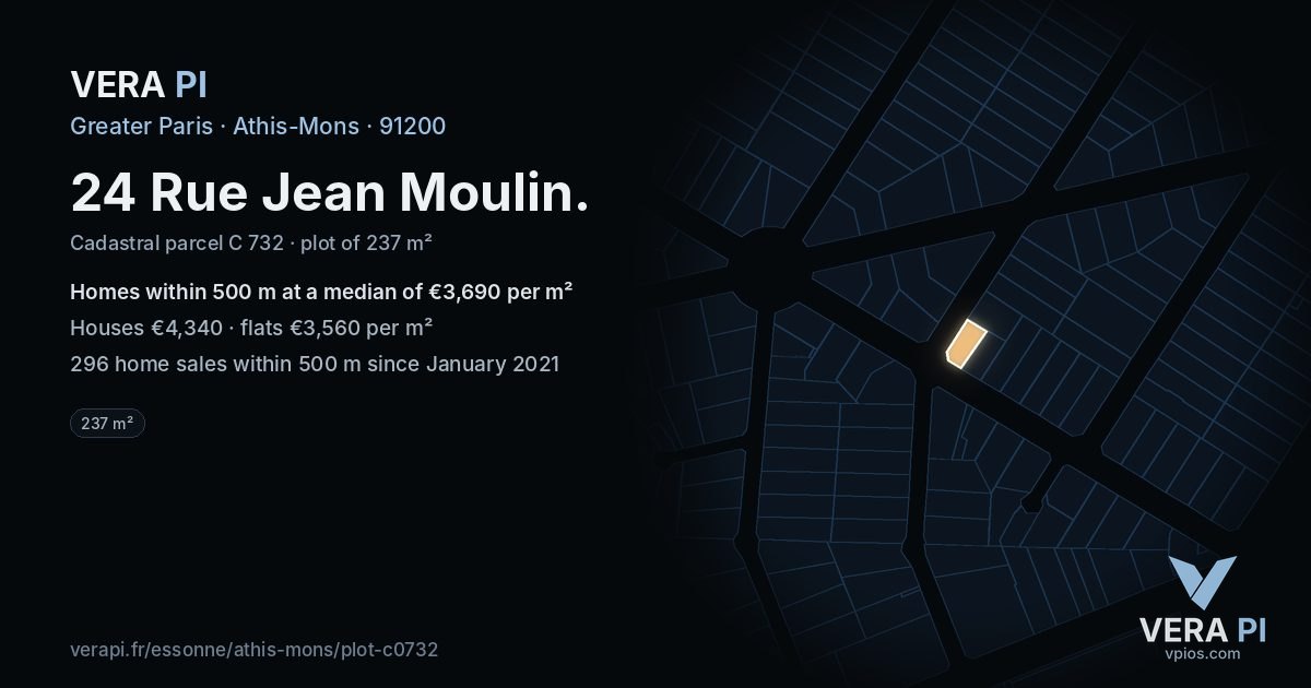 24 Rue Jean Moulin, Athis-Mons at night – the plot lit, the parcels around coloured by the prices near them