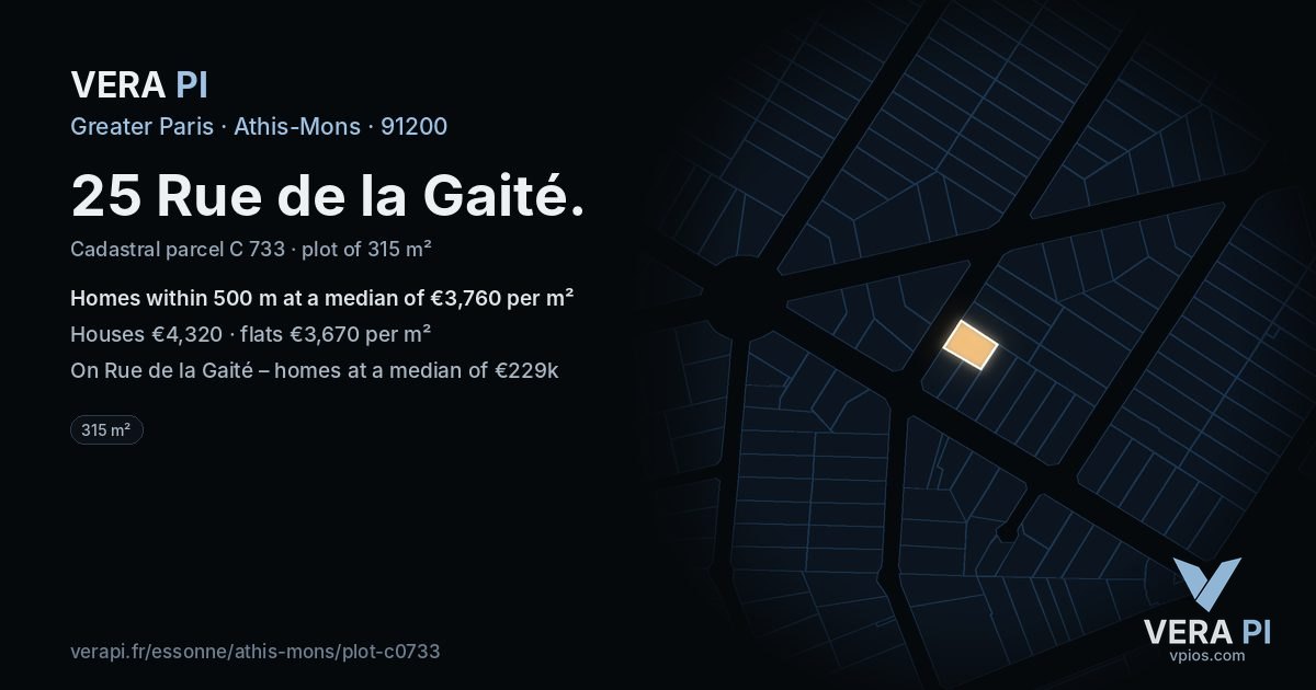 25 Rue de la Gaité, Athis-Mons at night – the plot lit, the parcels around coloured by the prices near them