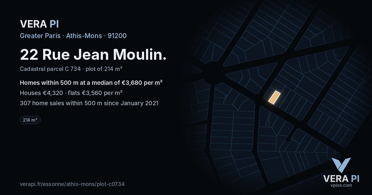 22 Rue Jean Moulin, Athis-Mons at night – the plot lit, the parcels around coloured by the prices near them