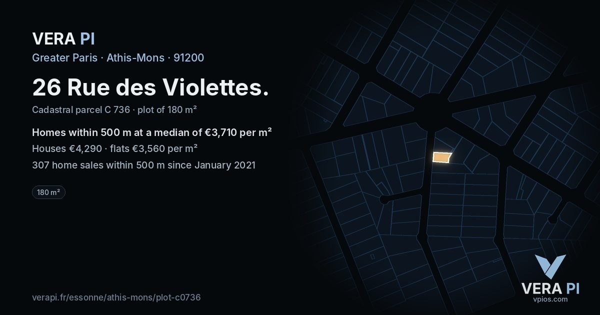 26 Rue des Violettes, Athis-Mons at night – the plot lit, the parcels around coloured by the prices near them