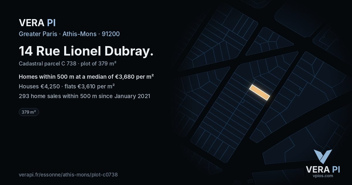 14 Rue Lionel Dubray, Athis-Mons at night – the plot lit, the parcels around coloured by the prices near them