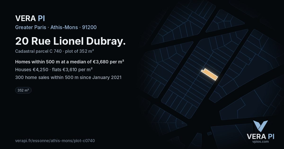 20 Rue Lionel Dubray, Athis-Mons at night – the plot lit, the parcels around coloured by the prices near them