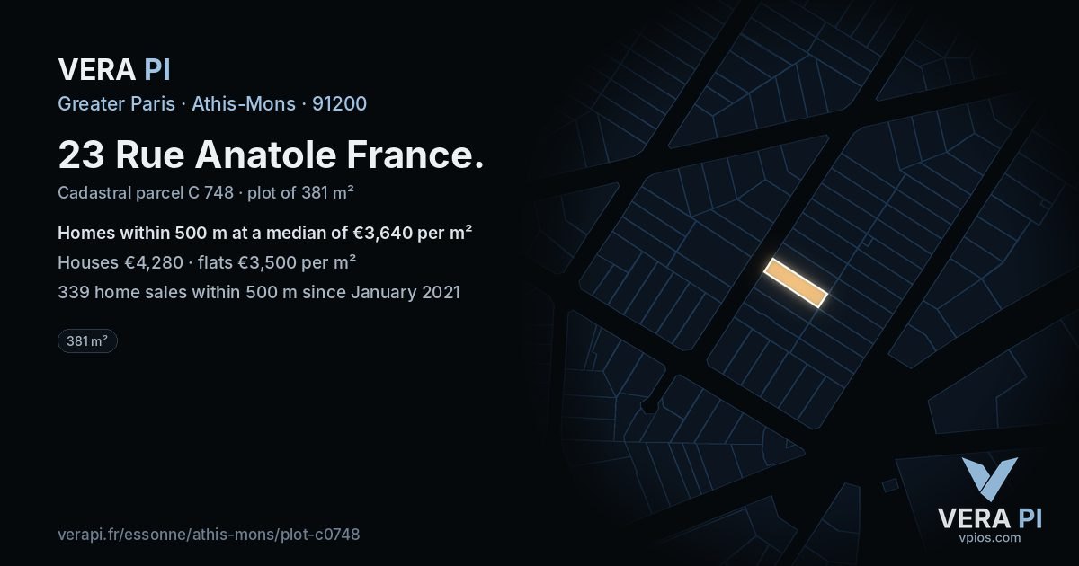 23 Rue Anatole France, Athis-Mons at night – the plot lit, the parcels around coloured by the prices near them