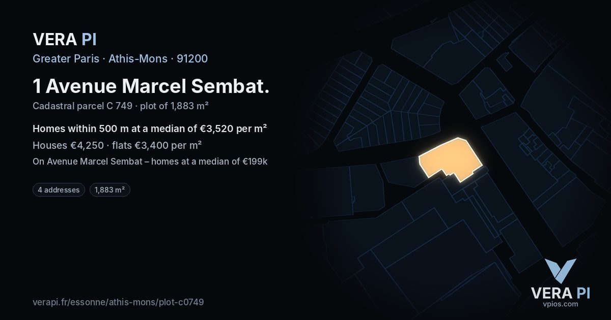 1 Avenue Marcel Sembat, Athis-Mons at night – the plot lit, the parcels around coloured by the prices near them