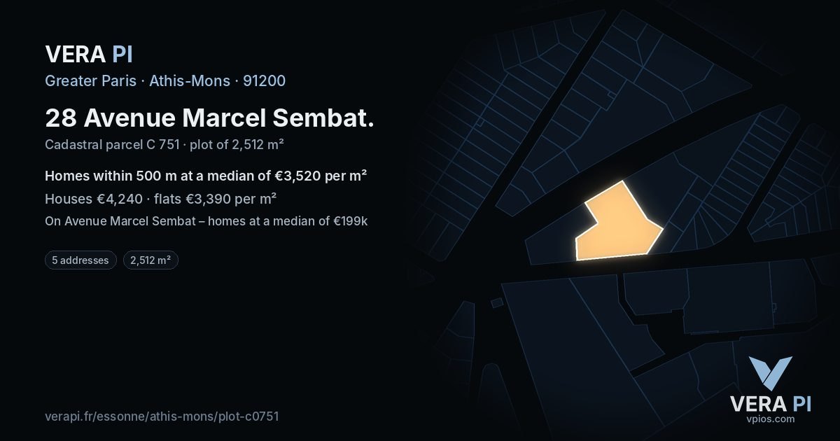 28 Avenue Marcel Sembat, Athis-Mons at night – the plot lit, the parcels around coloured by the prices near them