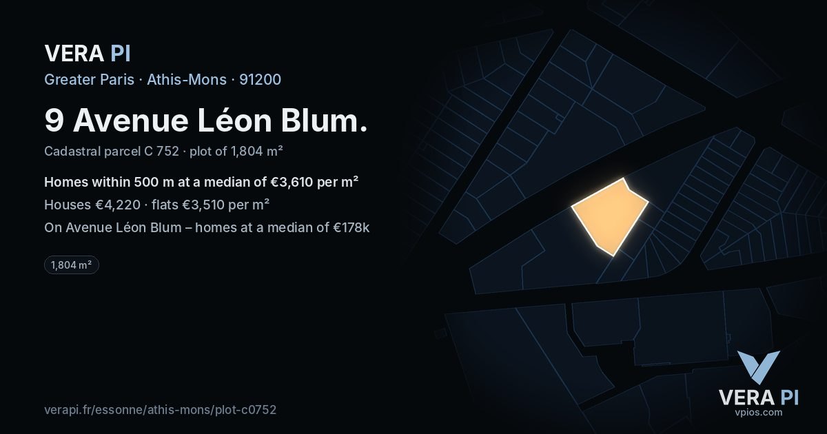 9 Avenue Léon Blum, Athis-Mons at night – the plot lit, the parcels around coloured by the prices near them
