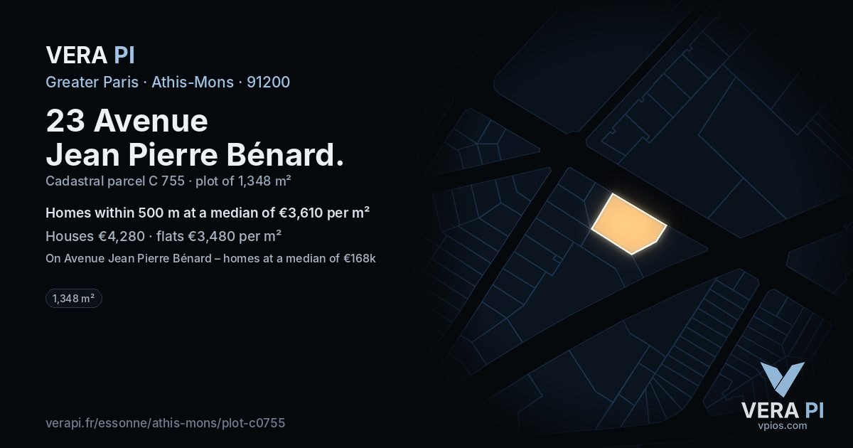 23 Avenue Jean Pierre Bénard, Athis-Mons at night – the plot lit, the parcels around coloured by the prices near them