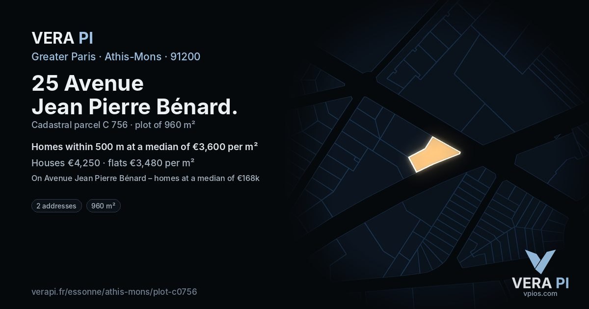 25 Avenue Jean Pierre Bénard, Athis-Mons at night – the plot lit, the parcels around coloured by the prices near them