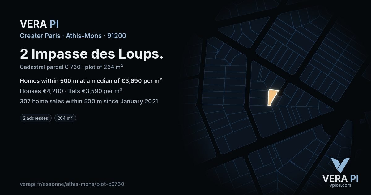 2 Impasse des Loups, Athis-Mons at night – the plot lit, the parcels around coloured by the prices near them