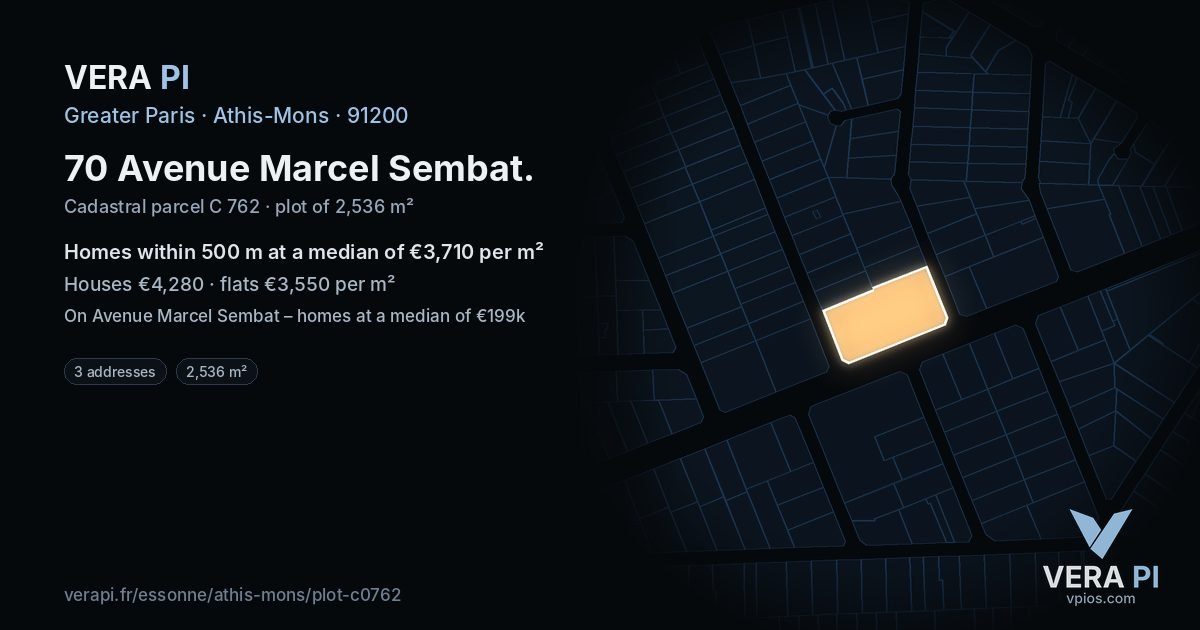 70 Avenue Marcel Sembat, Athis-Mons at night – the plot lit, the parcels around coloured by the prices near them
