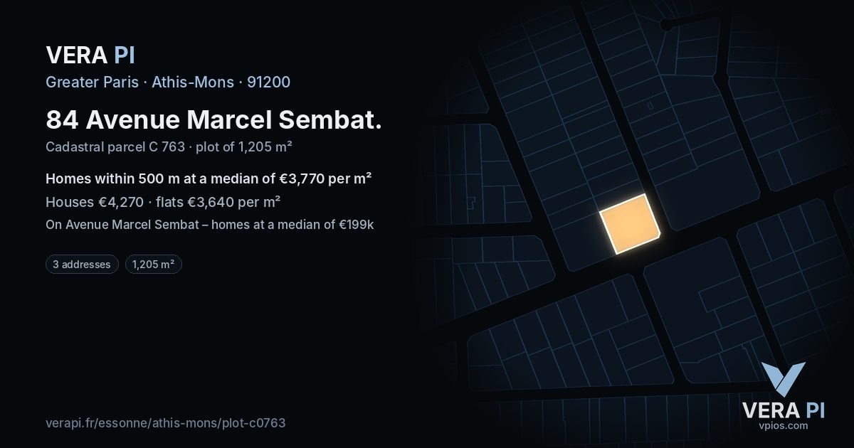84 Avenue Marcel Sembat, Athis-Mons at night – the plot lit, the parcels around coloured by the prices near them