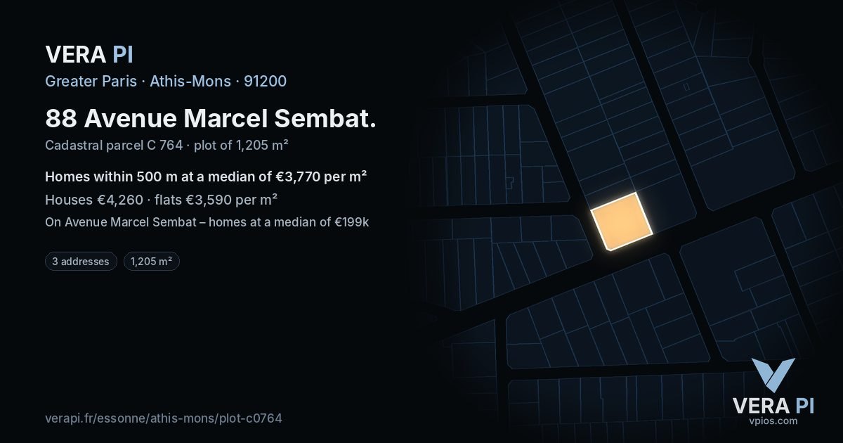 88 Avenue Marcel Sembat, Athis-Mons at night – the plot lit, the parcels around coloured by the prices near them