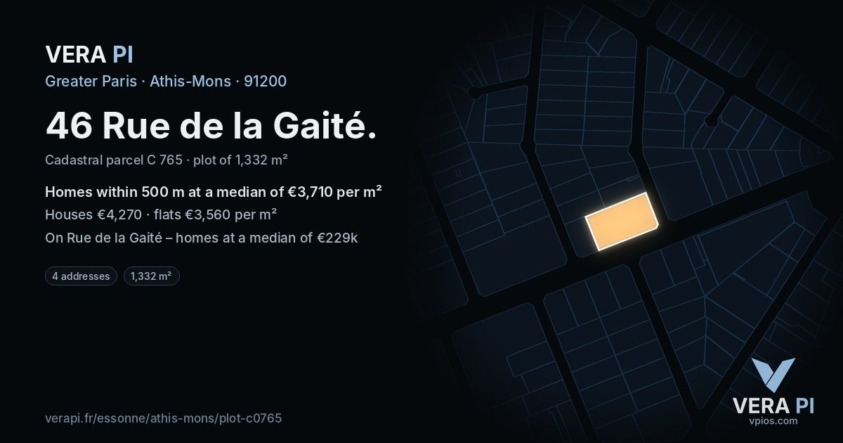 46 Rue de la Gaité, Athis-Mons at night – the plot lit, the parcels around coloured by the prices near them