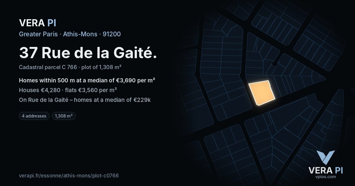 37 Rue de la Gaité, Athis-Mons at night – the plot lit, the parcels around coloured by the prices near them