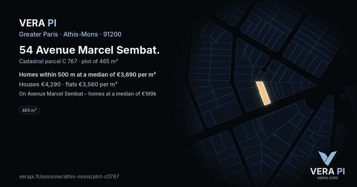54 Avenue Marcel Sembat, Athis-Mons at night – the plot lit, the parcels around coloured by the prices near them