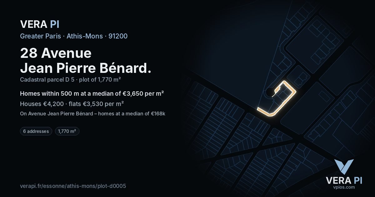 28 Avenue Jean Pierre Bénard, Athis-Mons at night – the plot lit, the parcels around coloured by the prices near them