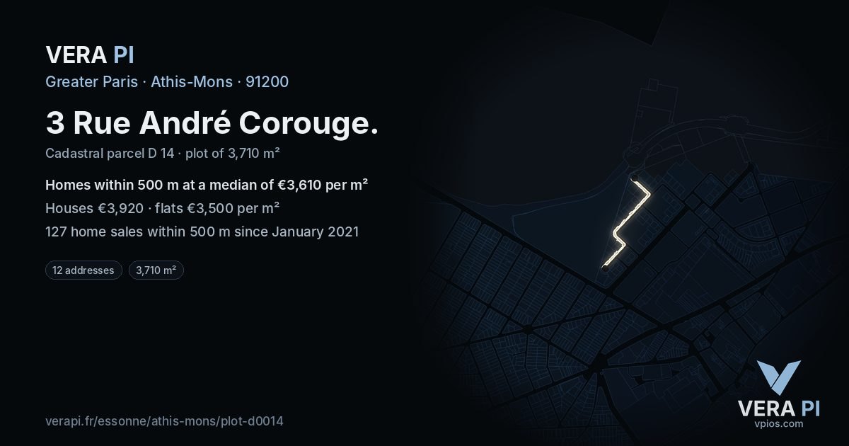 3 Rue André Corouge, Athis-Mons at night – the plot lit, the parcels around coloured by the prices near them