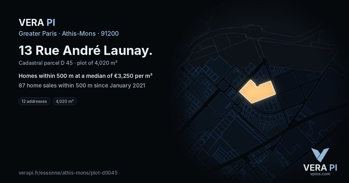 13 Rue André Launay, Athis-Mons at night – the plot lit, the parcels around coloured by the prices near them