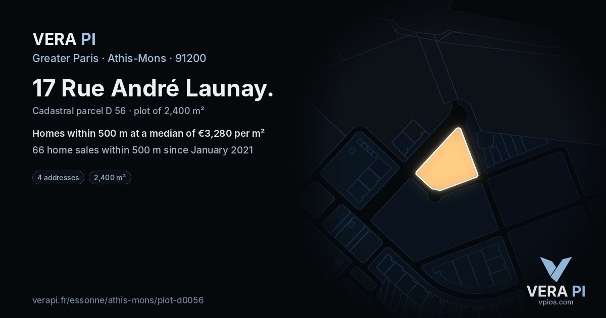 17 Rue André Launay, Athis-Mons at night – the plot lit, the parcels around coloured by the prices near them