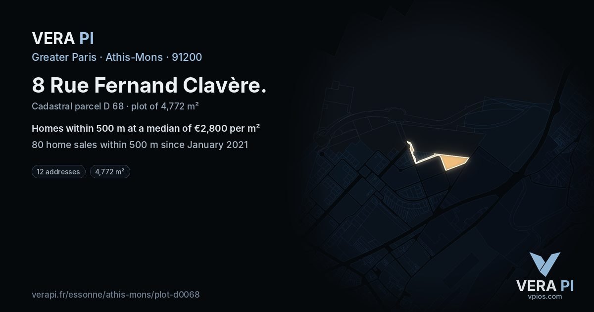 8 Rue Fernand Clavère, Athis-Mons at night – the plot lit, the parcels around coloured by the prices near them