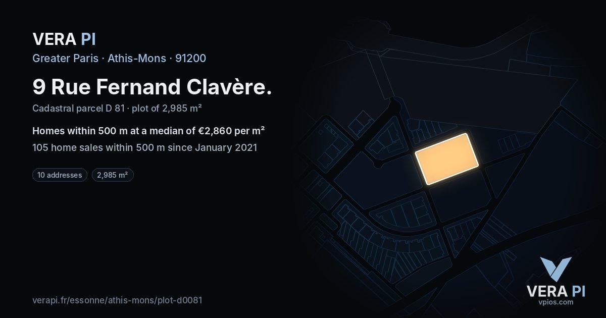 9 Rue Fernand Clavère, Athis-Mons at night – the plot lit, the parcels around coloured by the prices near them