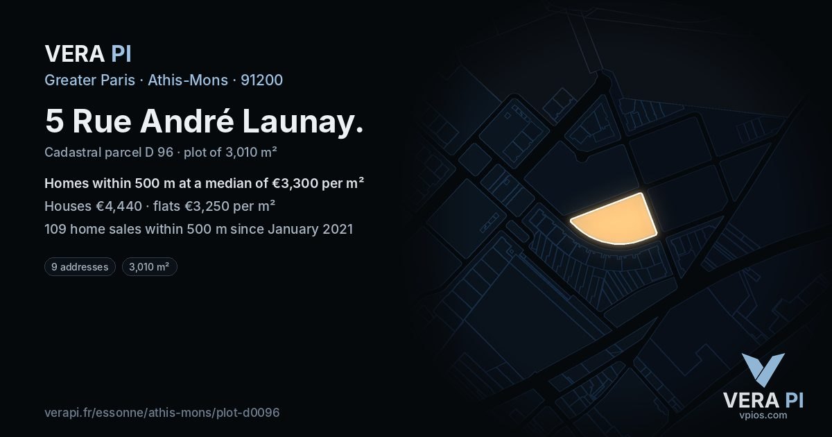 5 Rue André Launay, Athis-Mons at night – the plot lit, the parcels around coloured by the prices near them