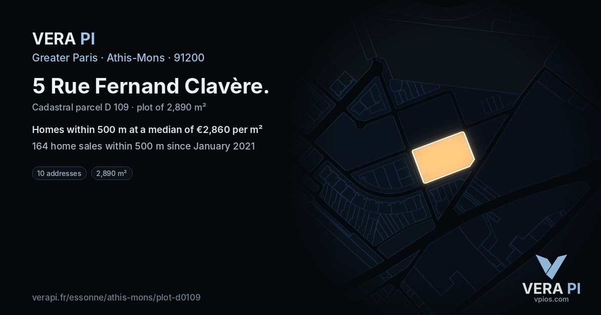 5 Rue Fernand Clavère, Athis-Mons at night – the plot lit, the parcels around coloured by the prices near them