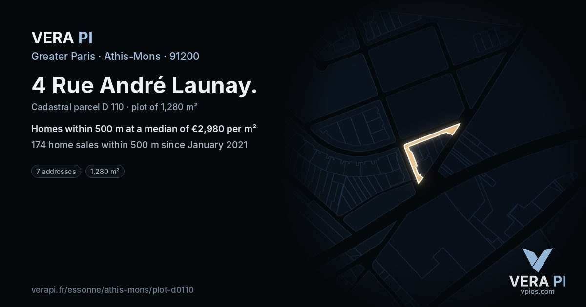 4 Rue André Launay, Athis-Mons at night – the plot lit, the parcels around coloured by the prices near them