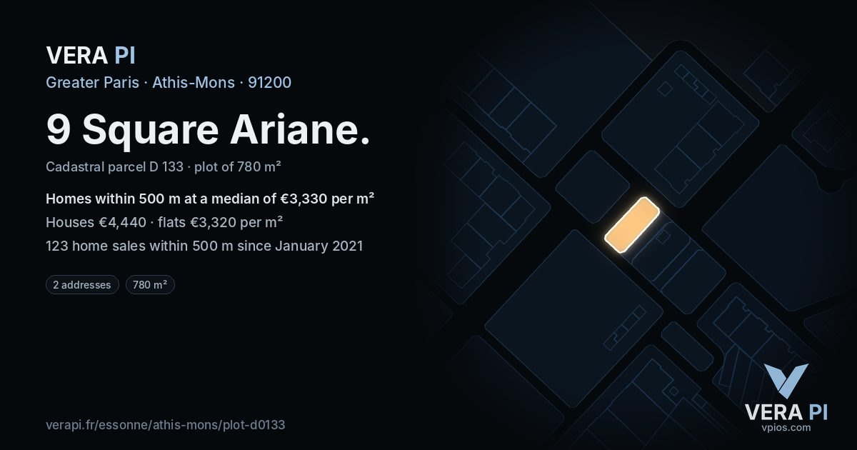 9 Square Ariane, Athis-Mons at night – the plot lit, the parcels around coloured by the prices near them