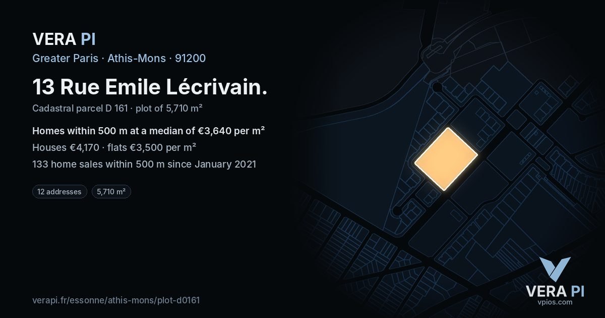 13 Rue Emile Lécrivain, Athis-Mons at night – the plot lit, the parcels around coloured by the prices near them